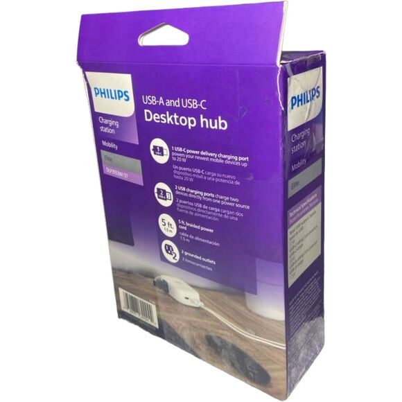 Philips Desktop Charging Station 2 Outlets 2 USB-A 1 USB-C 5ft Cord Box Wear - Picture 6 of 8